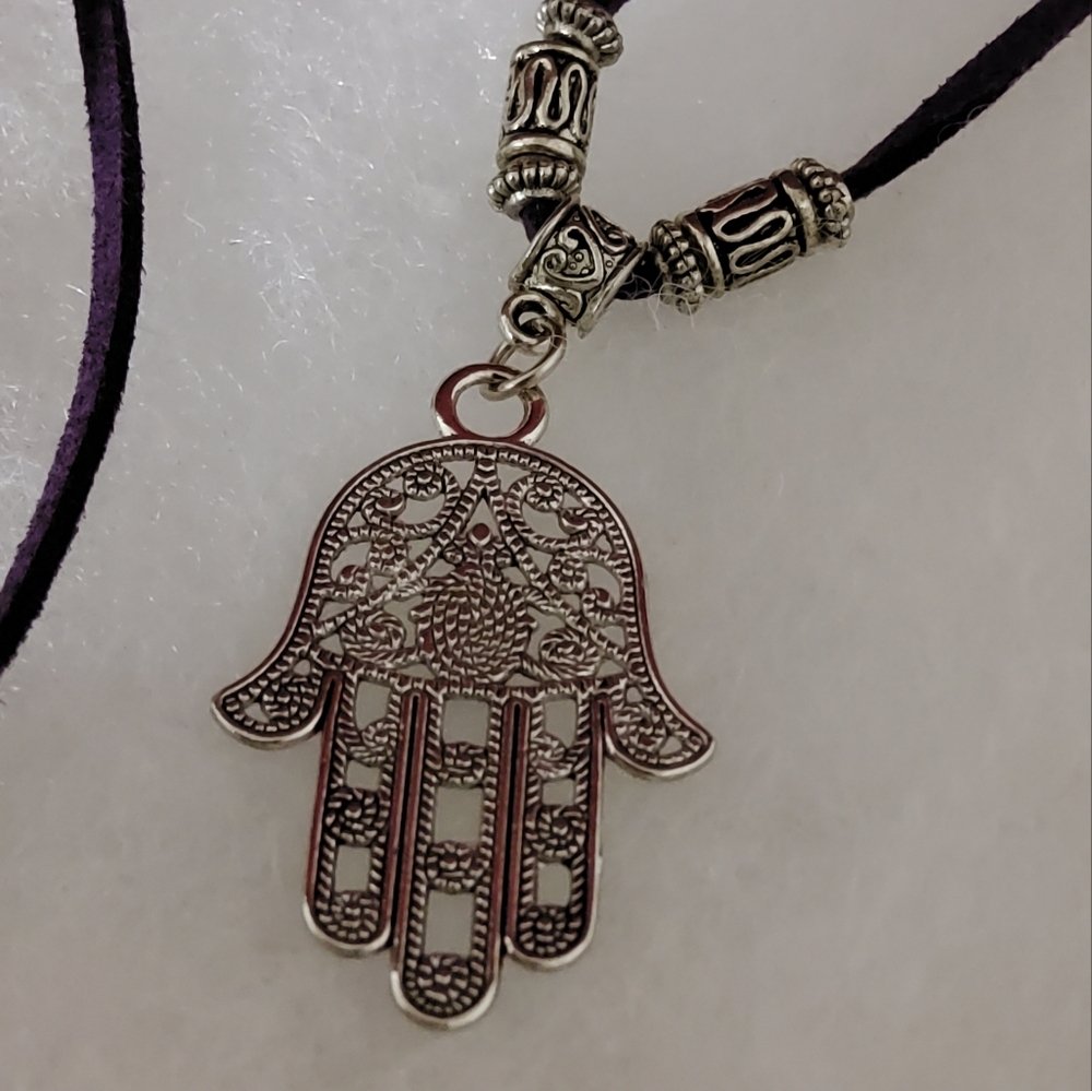 One Earth Hamsa Necklace On A Purple Suede Cord - Picture 3 of 4